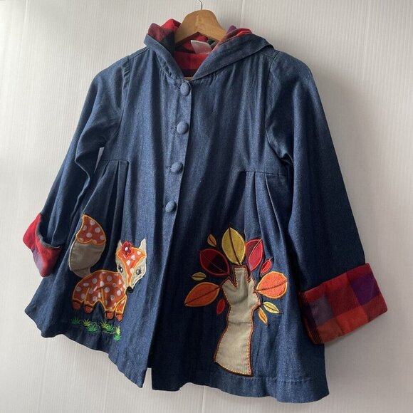 Maria Elena Girls Button Down Hooded Embroidered Fox Fall Jacket Dress Lined 6 - Picture 13 of 16
